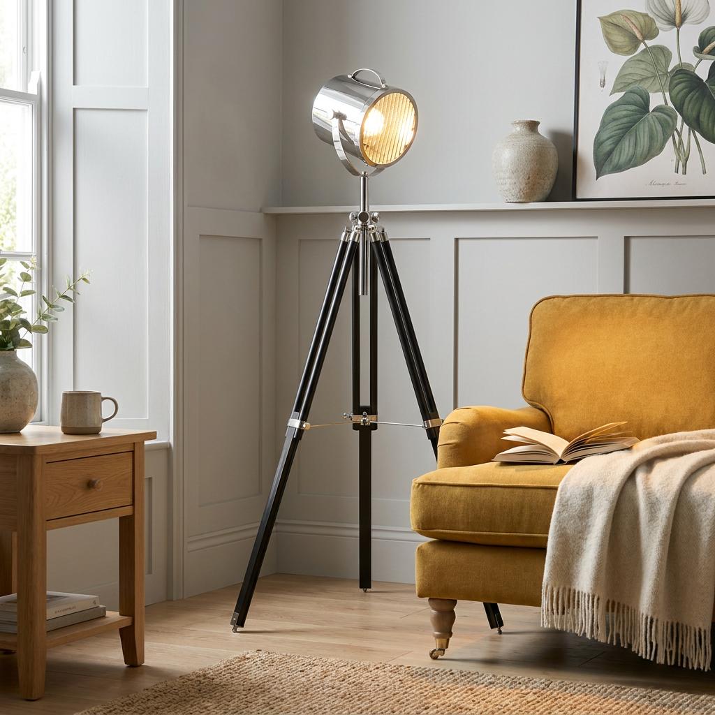 Studio stage light tripod floor lamp with black legs and chrome head standing next to a yellow armchair.