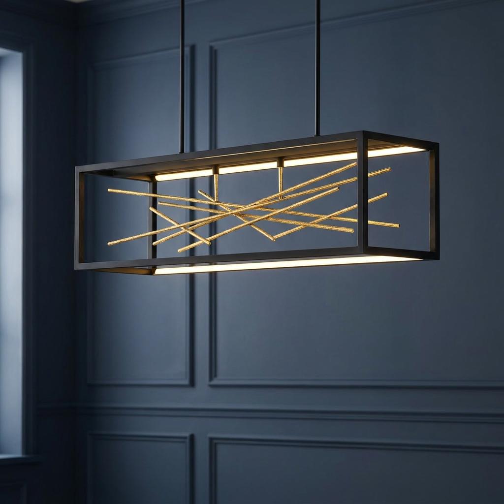 Modern rectangular island pendant light with a black frame and gold branch-like accents against a dark blue paneled wall.