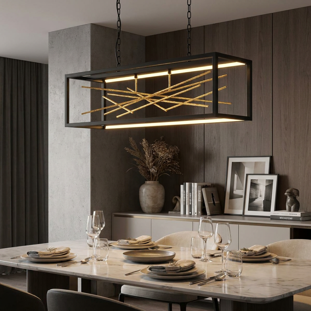 Modern black rectangular island pendant light with gold crisscross rods hanging over a set dining table.