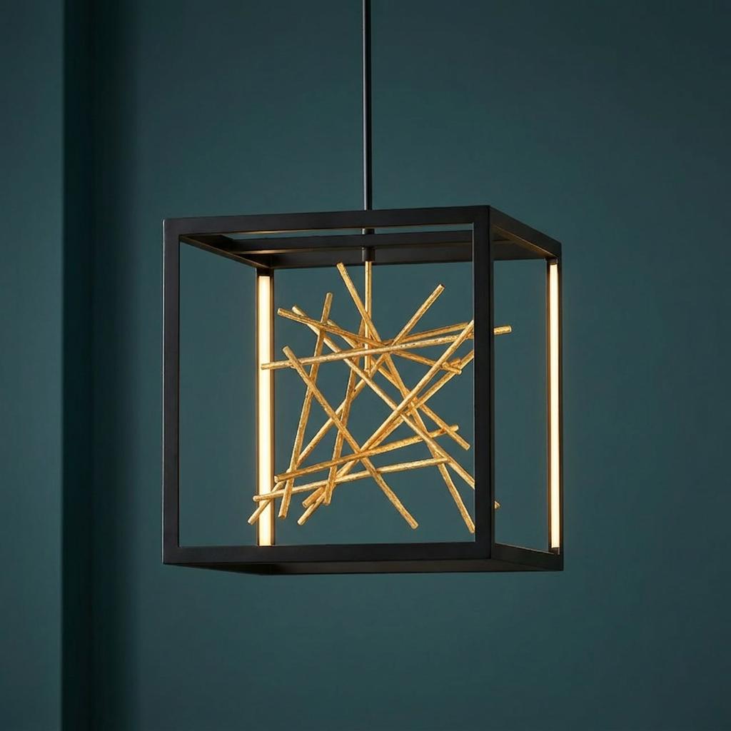 Styx LED Pendant Light with a black cube frame and gold twig sculpture against a dark teal wall.