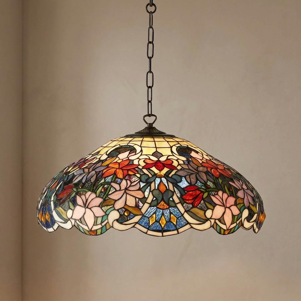 Sullivan Large Tiffany ceiling light with a floral stained glass shade hanging from a chain.
