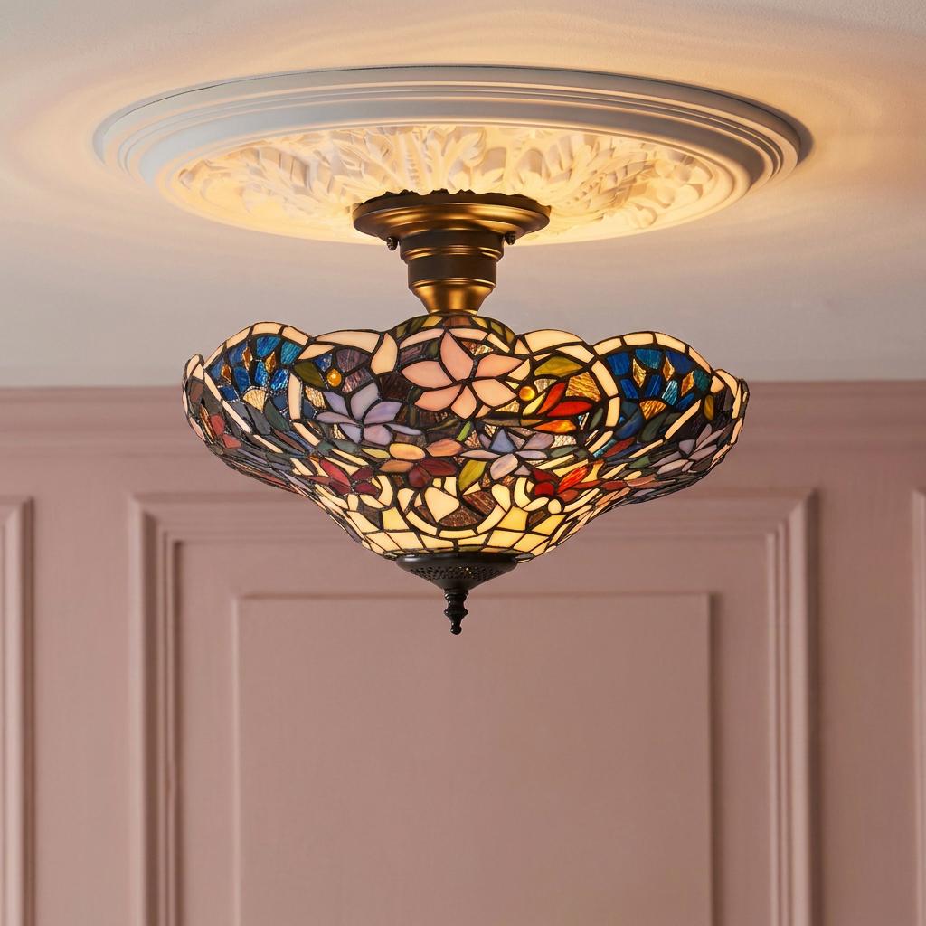 Sullivan semi-flush Tiffany stained glass ceiling light with colorful floral patterns on an ornate ceiling rose.