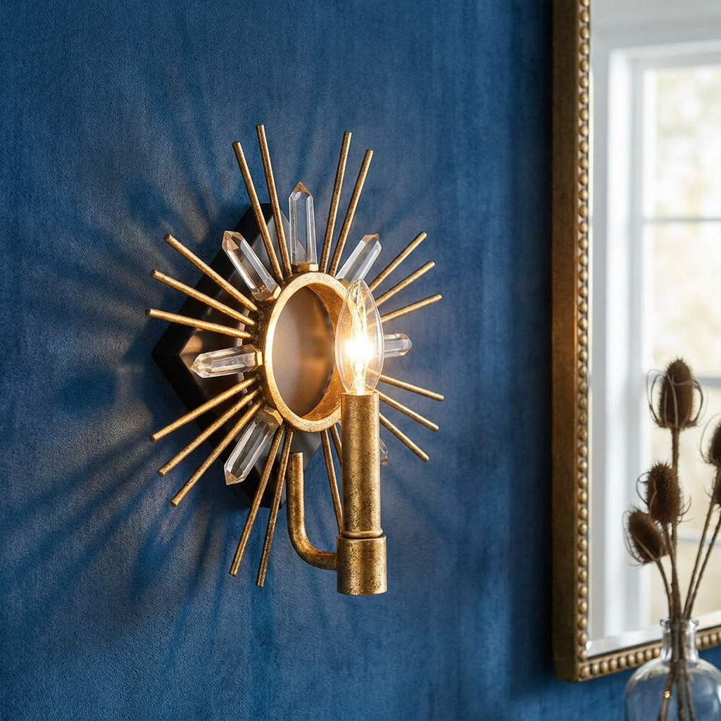 Illuminated sunburst wall sconce in gold leaf with crystal accents on a deep blue textured wall.