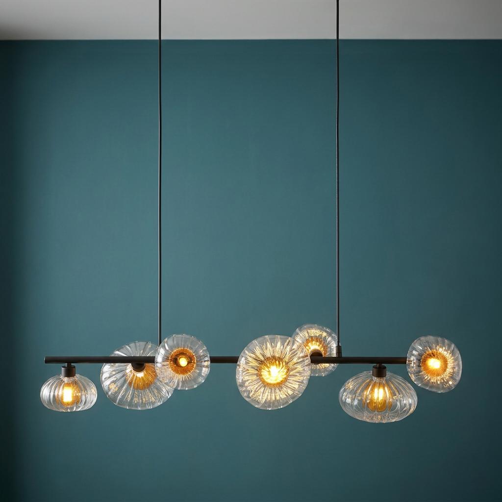 Sunbeam linear pendant light with clear and amber ribbed glass shades on a matt black bar against a teal wall.