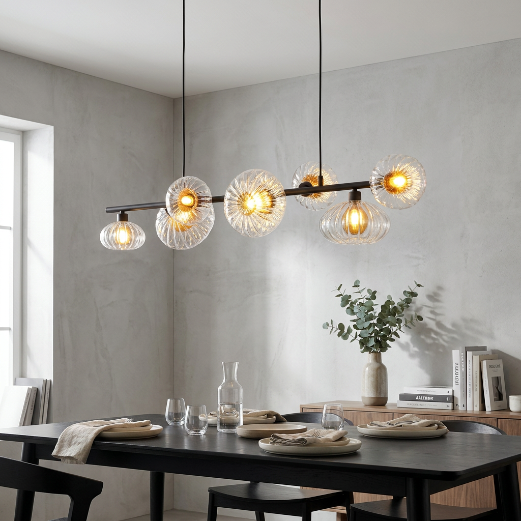 Modern linear pendant light with amber and clear ribbed glass globes suspended over a black dining table.