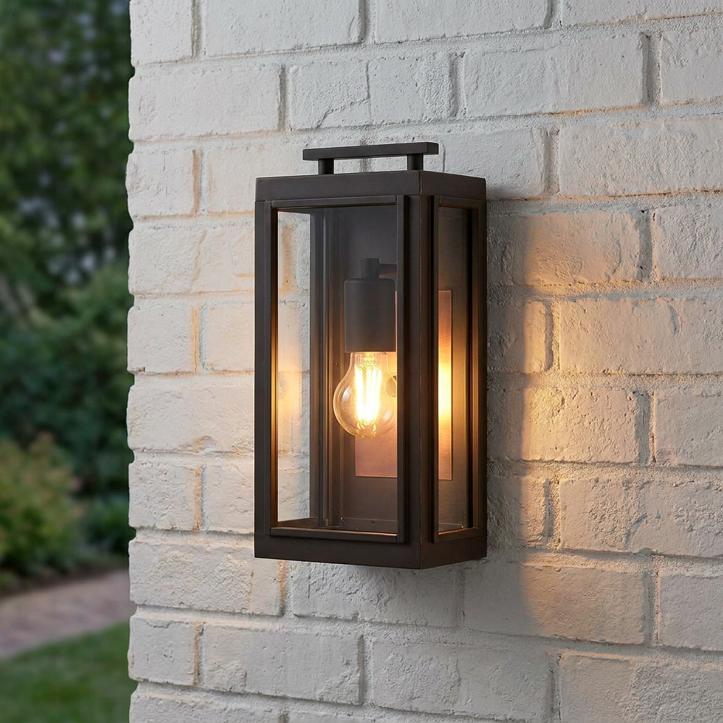 Lit oil-rubbed bronze rectangular outdoor lantern with a vintage bulb mounted on a white brick wall.