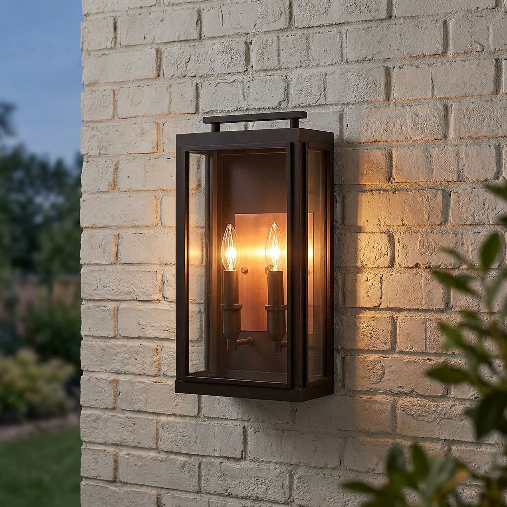 Sutcliffe 2-light oil rubbed bronze outdoor wall lantern with glass panes mounted on a white brick wall.