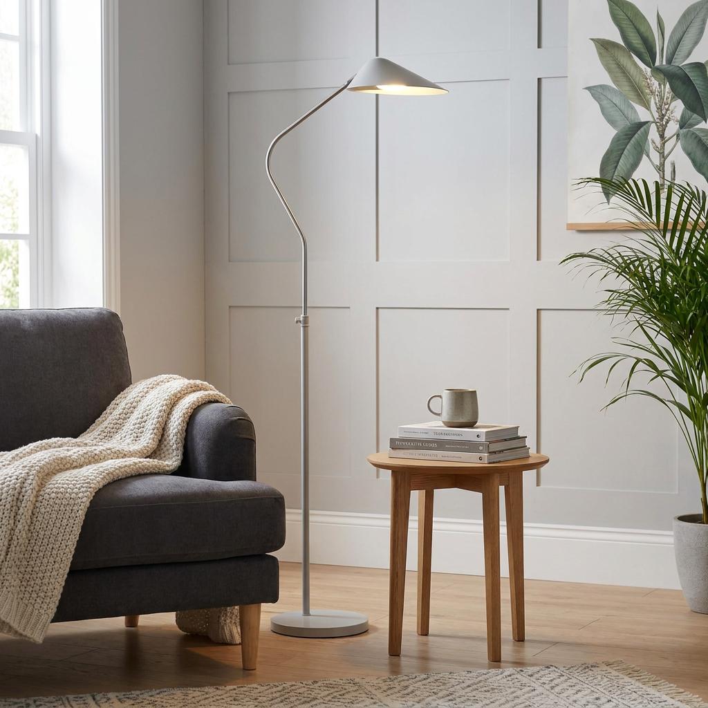 Minimalist grey floor lamp with a swan neck standing in a modern living room next to a wooden side table.