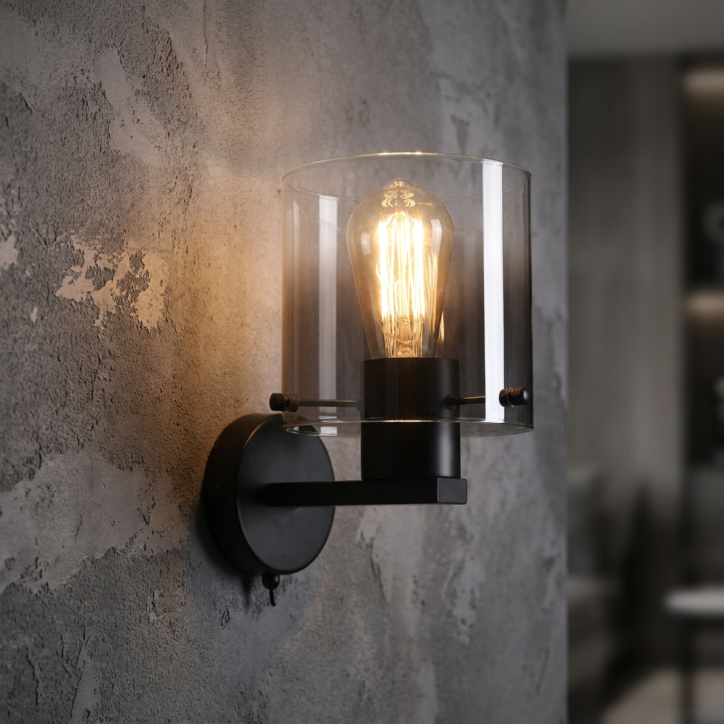 Matt black wall sconce with a smoked glass cylinder shade and glowing filament bulb on a textured grey wall.
