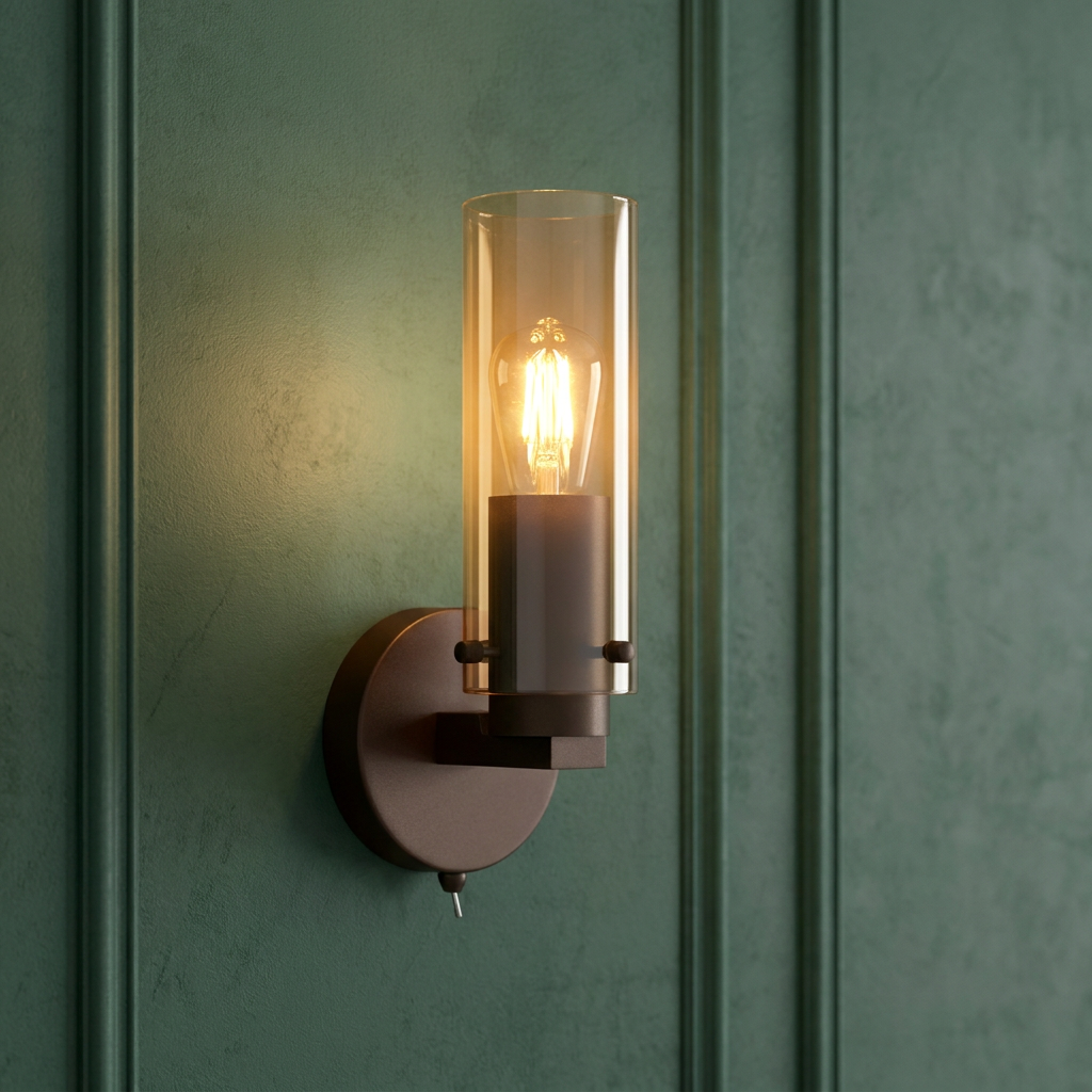 Sweden II wall light featuring mocha metal, an amber glass cylinder shade, and a toggle switch on a green wall.
