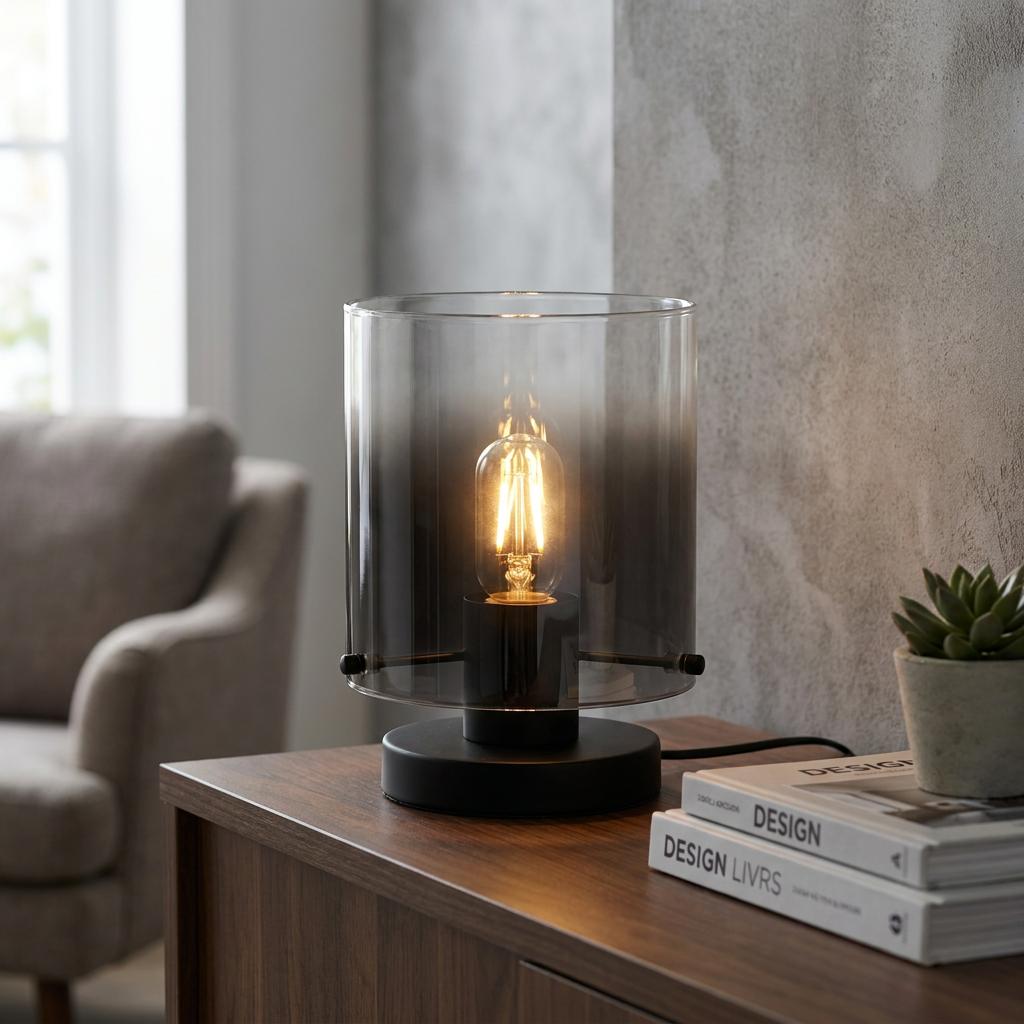 A modern matt black table lamp with a smoked ombre glass shade illuminated by an Edison bulb on a wooden sideboard.