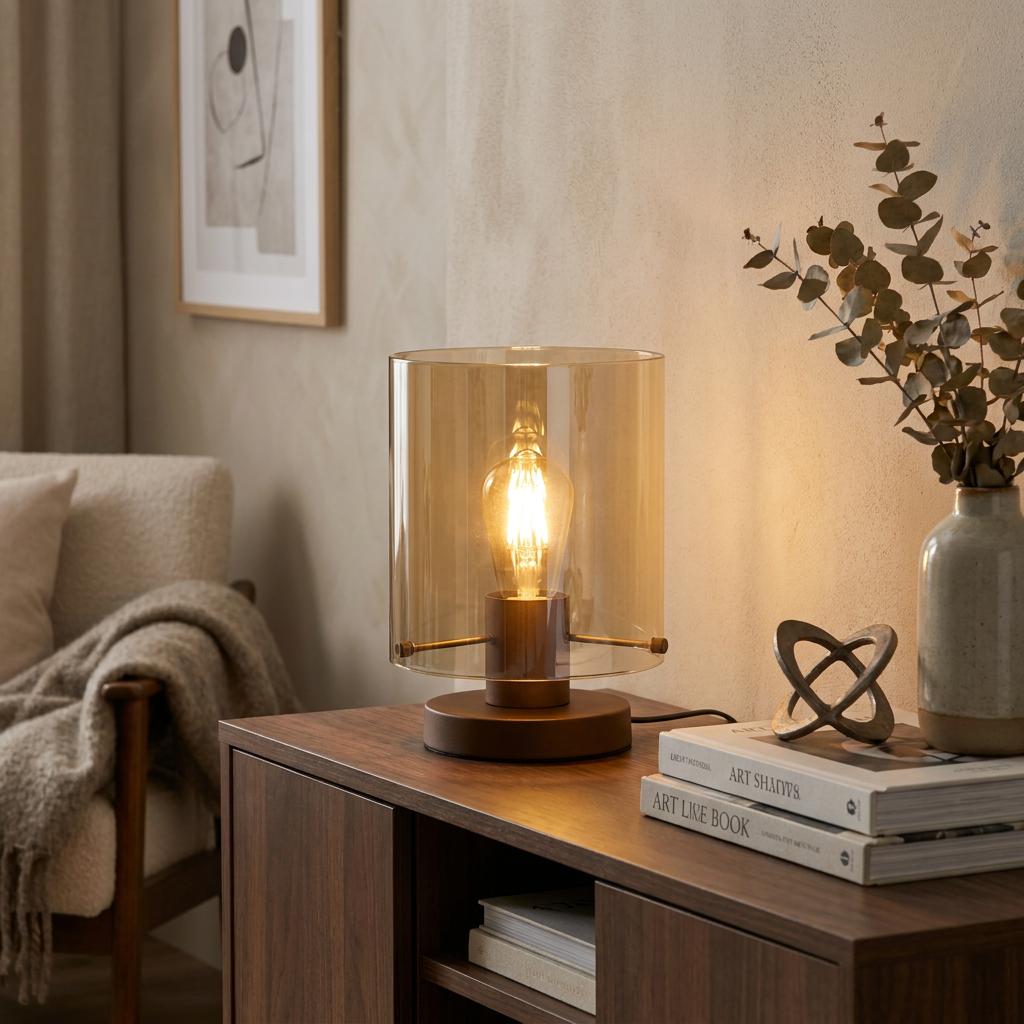 Sweden table lamp with a cylindrical amber glass shade and mocha metal base glowing on a wooden sideboard.