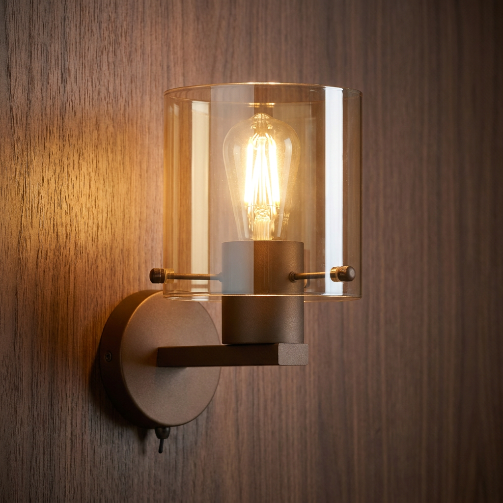 A mocha metal wall light with a cylindrical amber glass shade and glowing bulb, mounted on dark wood paneling.