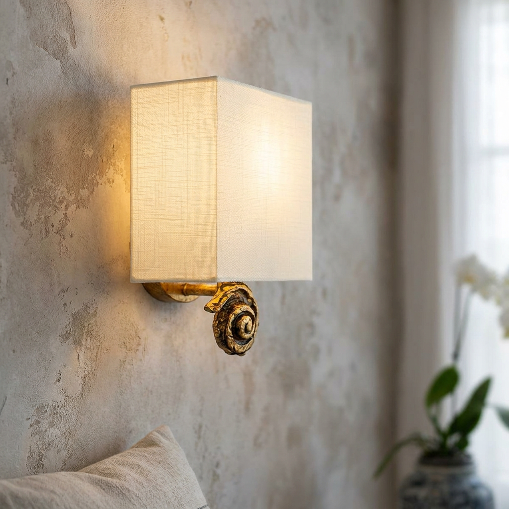 Illuminated gold leaf swirl wall light with a square cream linen shade on a rustic textured wall.