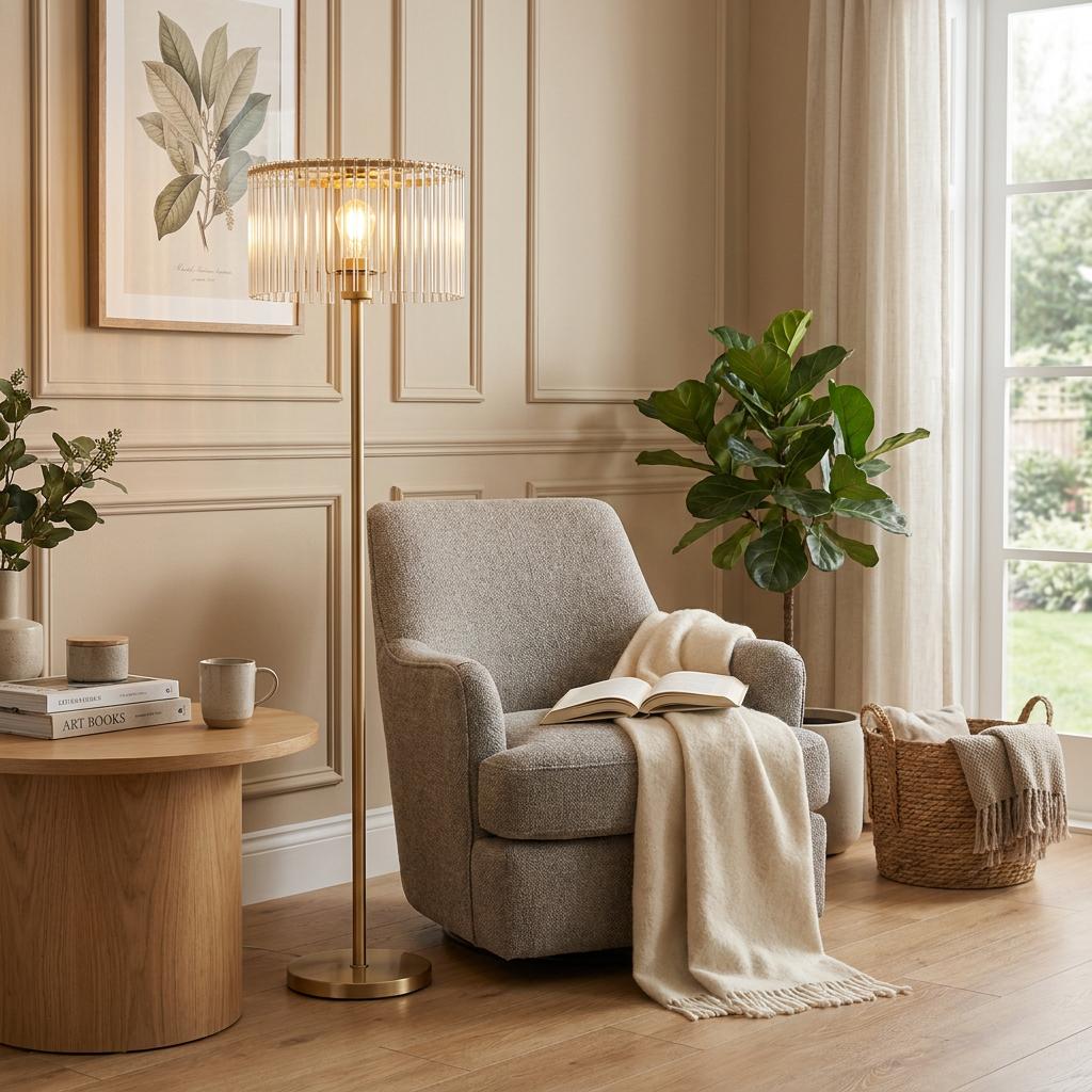 Gold floor lamp with a glass rod shade stands next to a grey armchair in a neutral-toned living room.