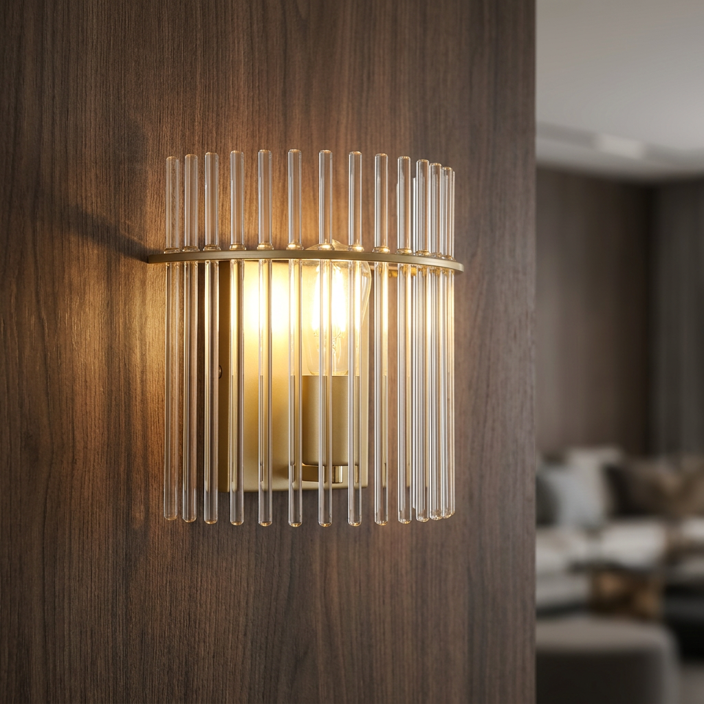 A gold metal wall sconce with vertical champagne glass rods, glowing on a dark wood wall.