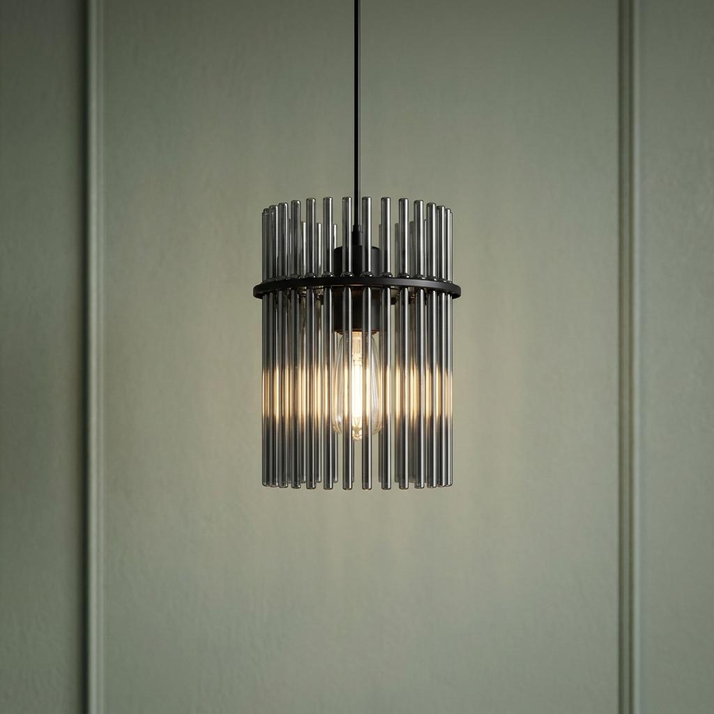 Matt black pendant light featuring smoked glass rods, illuminated against a pale green paneled wall.