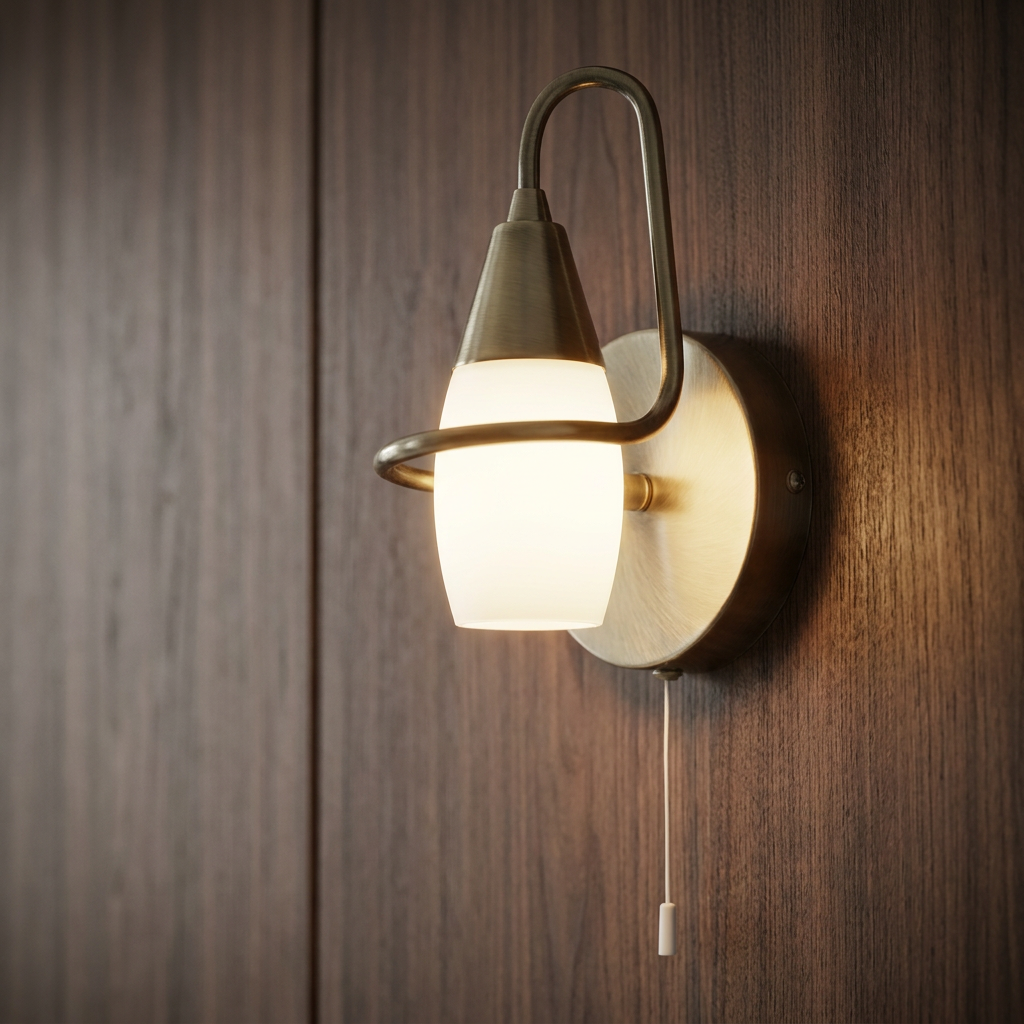Antique brass wall light with a frosted glass shade and pull cord mounted on a dark wood panel.