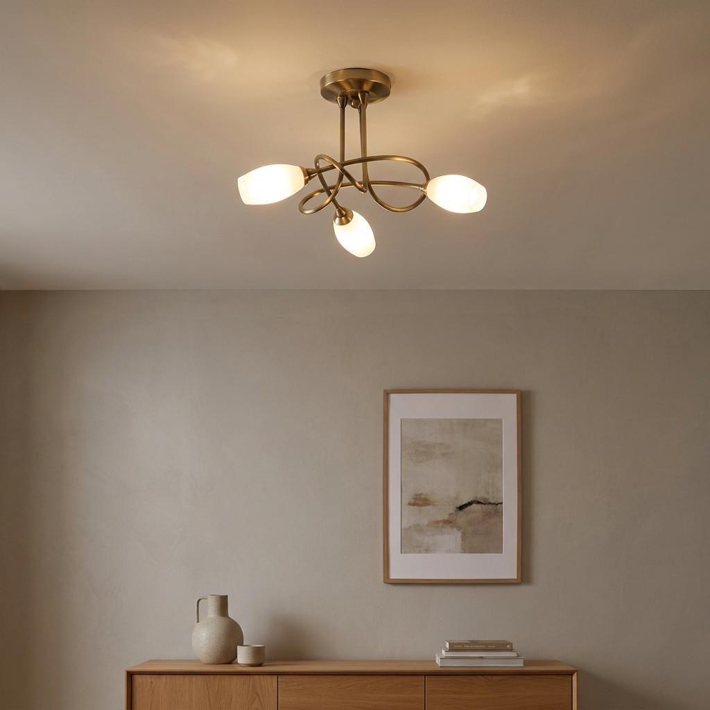 Three-light antique brass semi-flush ceiling light with frosted shades above a minimalist sideboard and art.