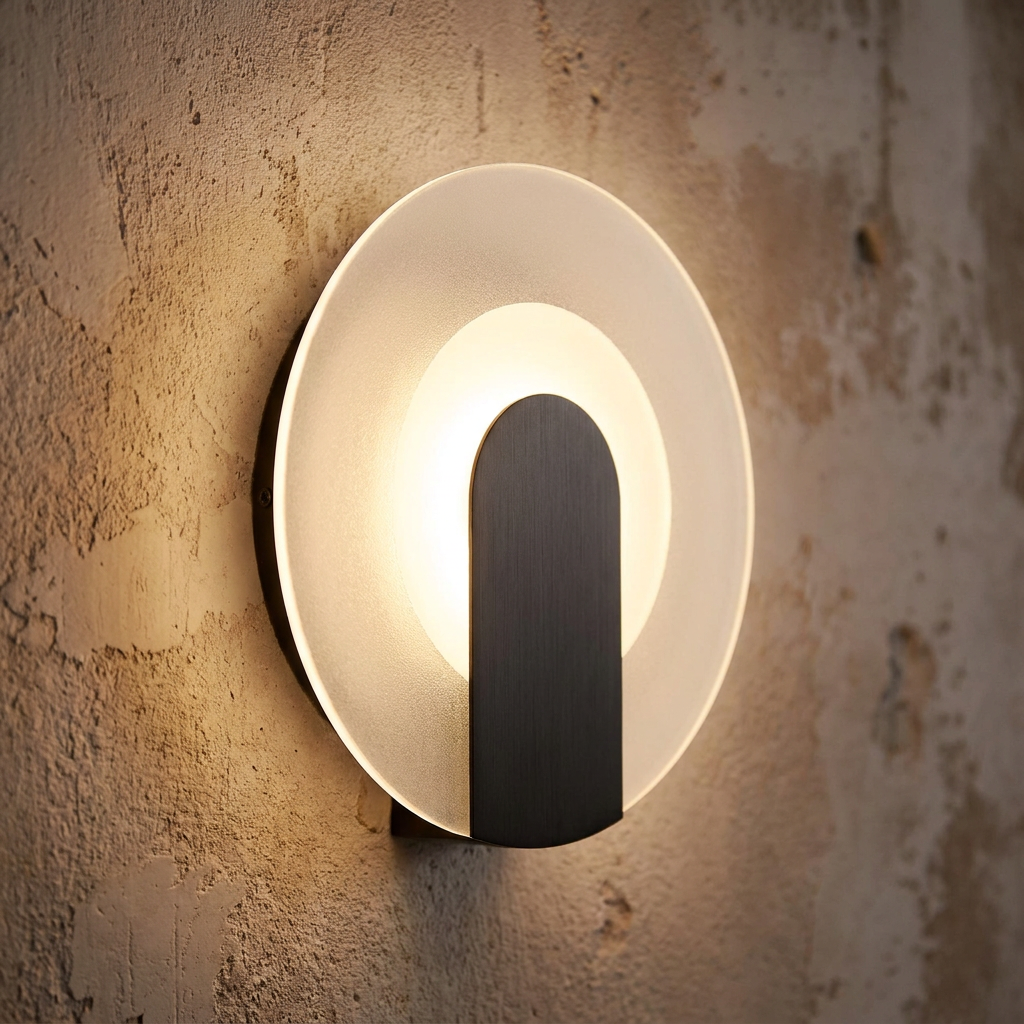 Modern circular wall light with a frosted disc and black metal center, emitting warm light on a rustic textured wall.