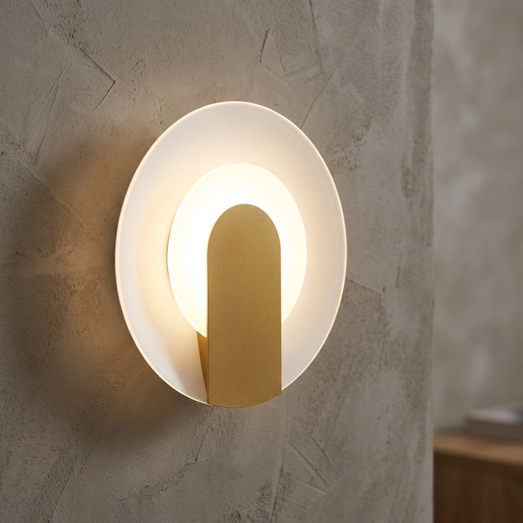 Modern circular sand gold wall light with glowing concentric rings mounted on a textured grey concrete wall.