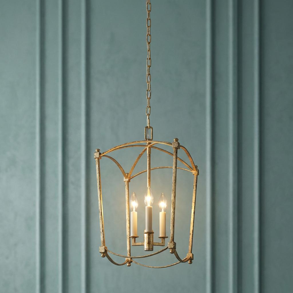 Thayer 3-light gold lantern pendant with a curved open frame against a blue-grey paneled wall.