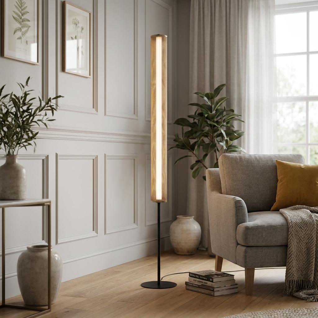 A modern floor lamp with a gold mesh cylinder and integrated LED, standing next to a grey armchair in a living room.