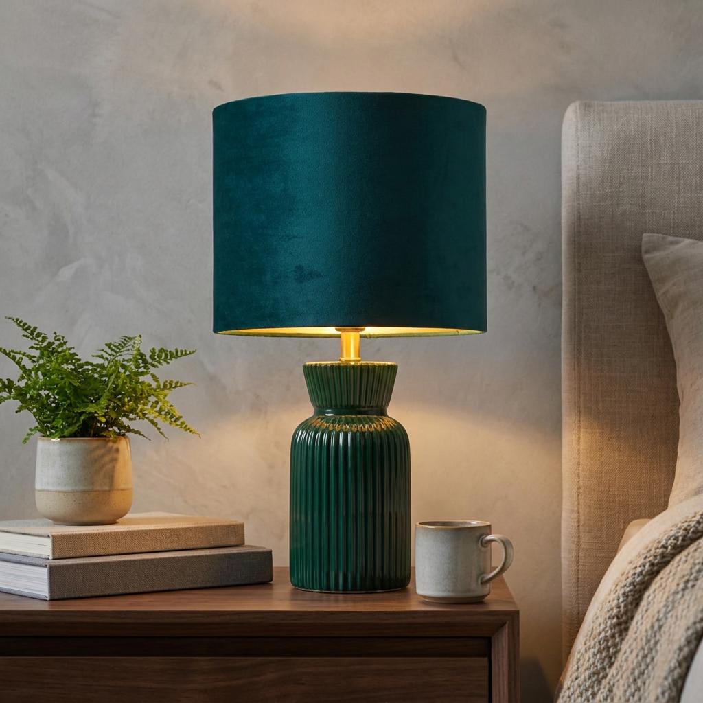 Emerald green table lamp with a ribbed ceramic base and velvet shade on a wooden bedside table next to a bed.