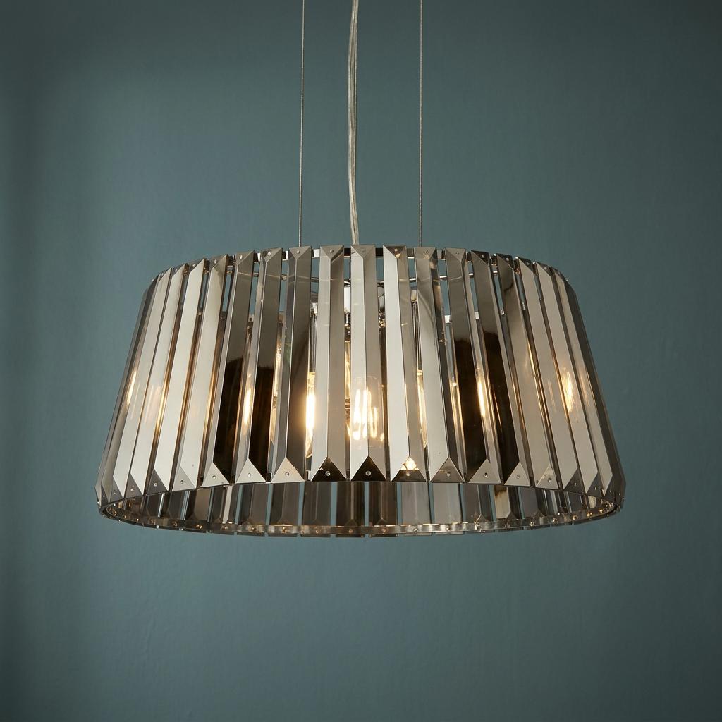 Tiara 5 Light Smoke Chrome & Glass Crystal Ceiling Pendant with vertical glass rods against a blue wall.