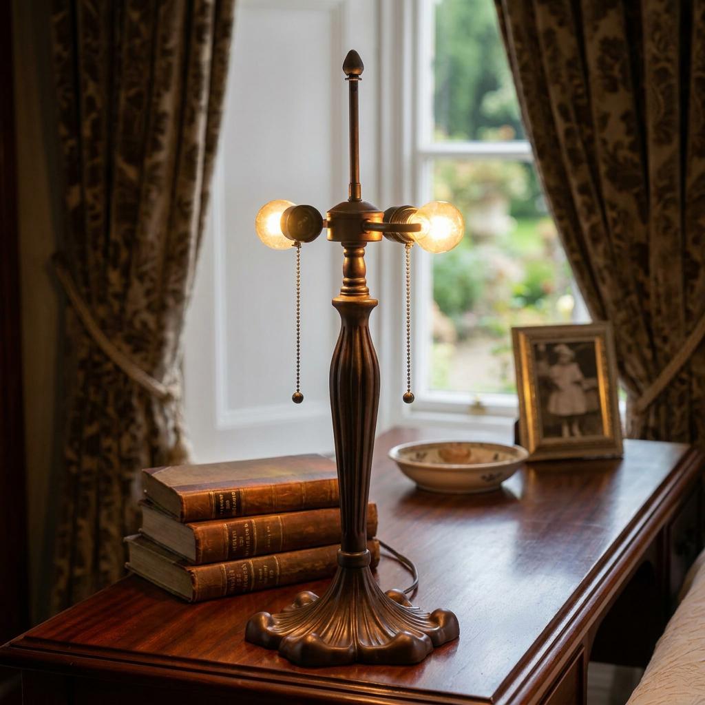 Antique bronze lamp base with dual glowing bulbs on a wooden desk alongside old books.