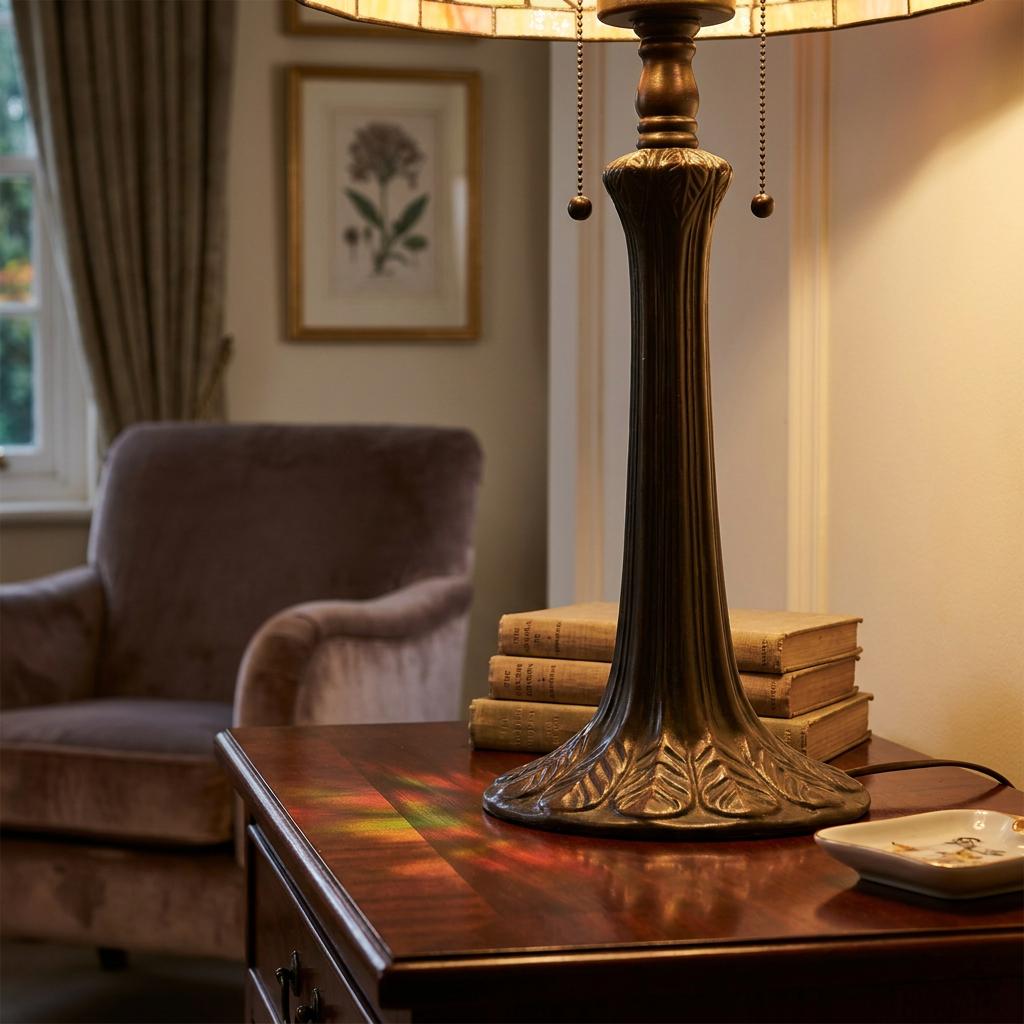 Bronze Tiffany lamp base with leaf motifs on a wooden table, casting warm light in a cozy living room.