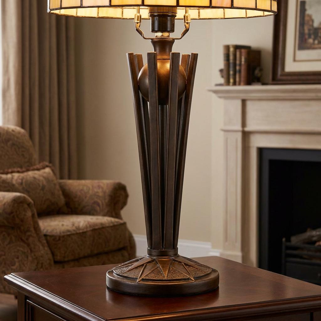 Bronze Art Deco Tiffany lamp base with flared columns and starburst detail on a wooden table in a living room.