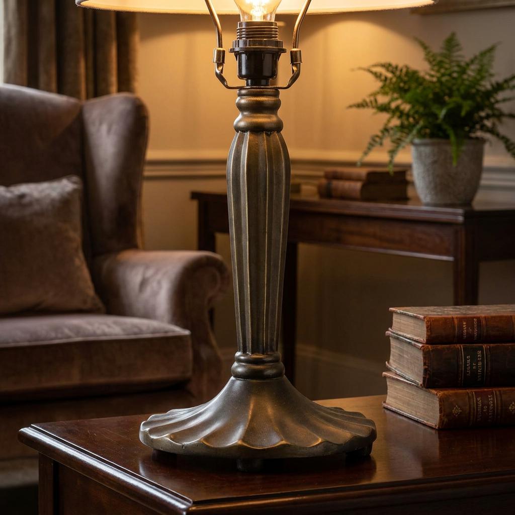 Antique bronze fluted table lamp base on a dark wood desk with vintage books in a warmly lit room.