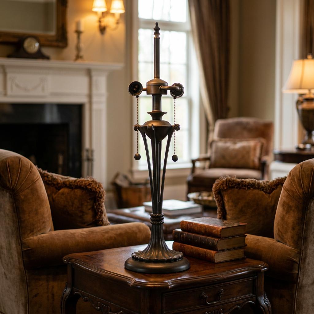 Bronze Art Deco table lamp base with dual pull chains on a wooden side table in a classic living room.