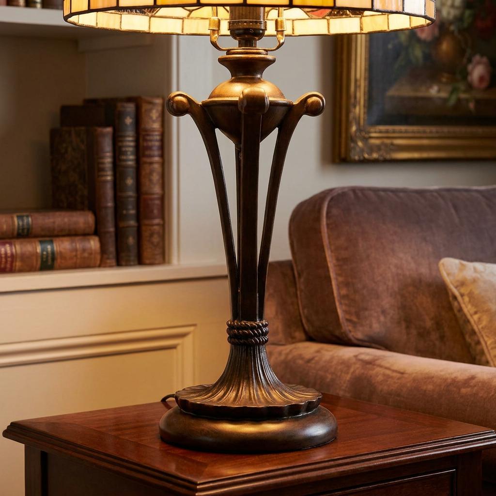 Elegant bronze Tiffany lamp base on a wooden side table in a cozy living room with a sofa and bookshelves.