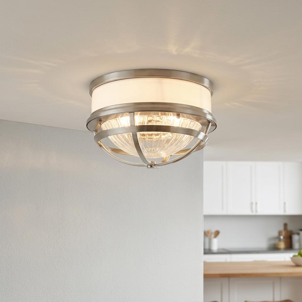 Tollis two light nickel and white flush ceiling light with clear ribbed glass and cage detail in a kitchen.