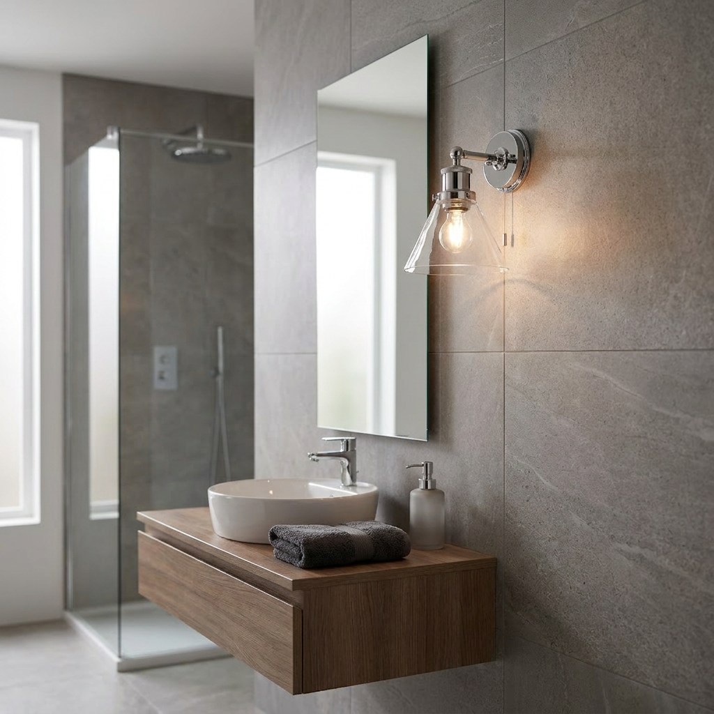 Illuminated Torbay wall light with a clear cone shade on a grey tiled bathroom wall next to a mirror and sink.
