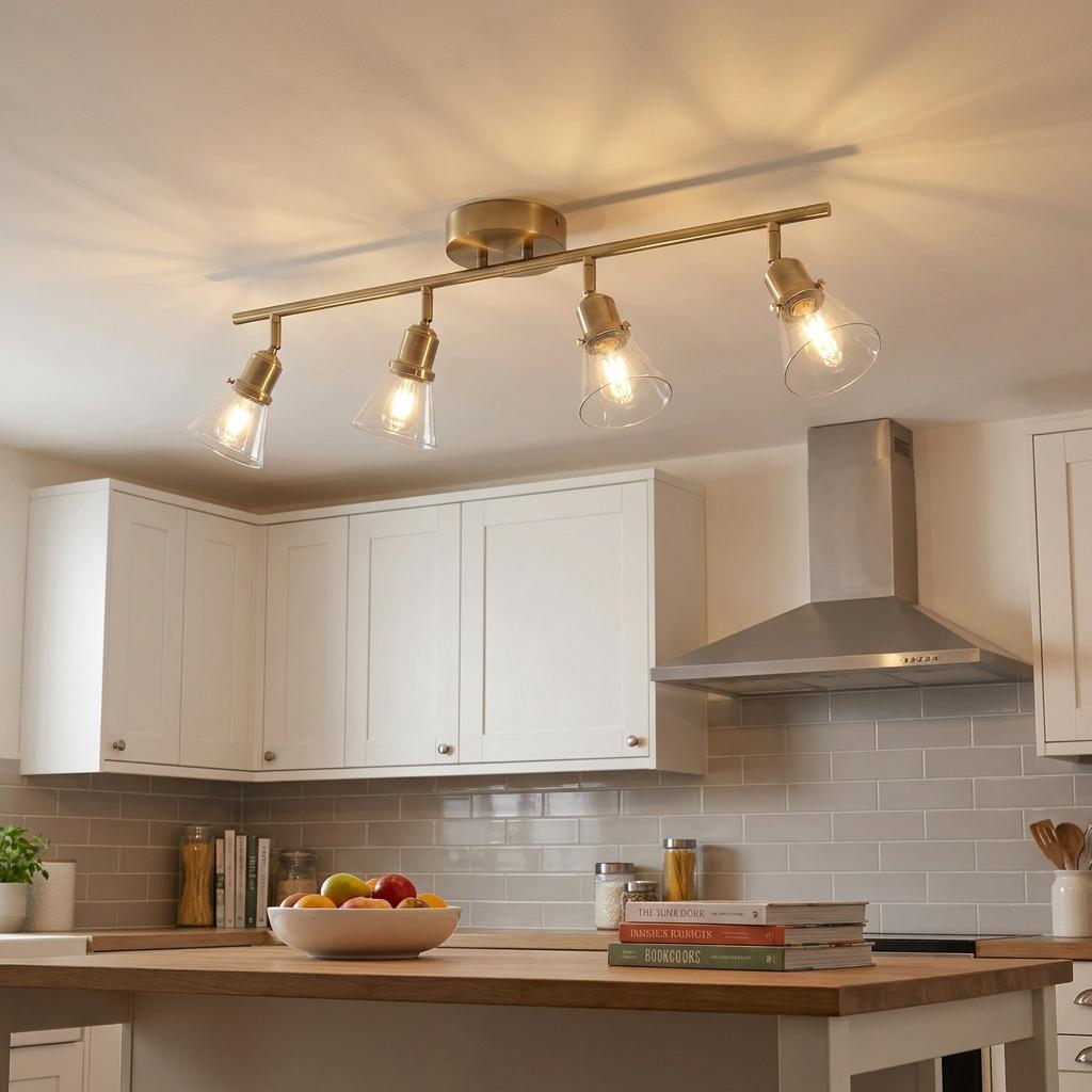 Torne antique brass 4-light ceiling bar with clear glass shades mounted over a modern kitchen island.