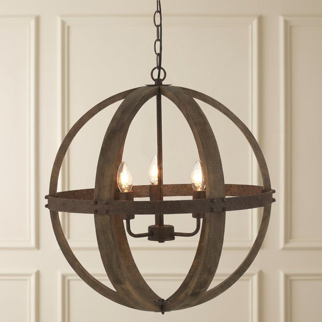 Antique wood and rusty metal orb pendant light with three glowing bulbs against a cream paneled wall.