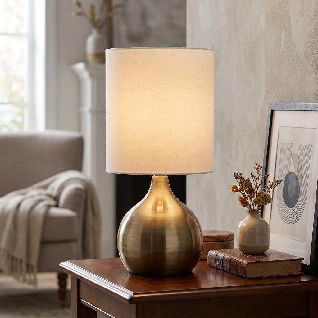 Touch Table Lamp Antique Brass Base White Drum Shade-warehouse-091026