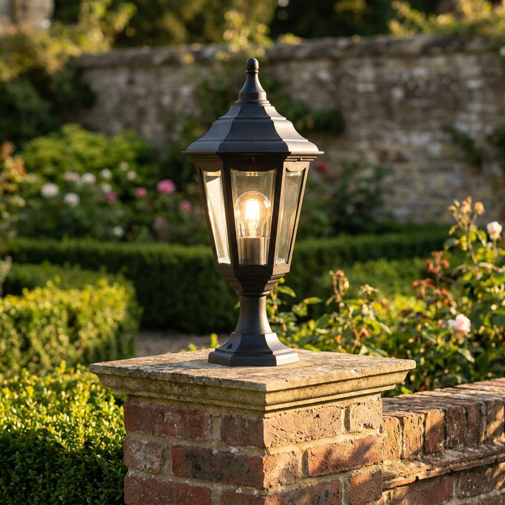 Lit black traditional hexagonal lantern mounted on a brick garden wall pillar in a lush garden setting.