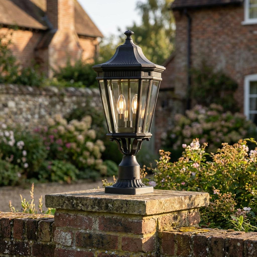 Traditional black outdoor lantern with three glowing bulbs, mounted on a stone pillar in a garden.