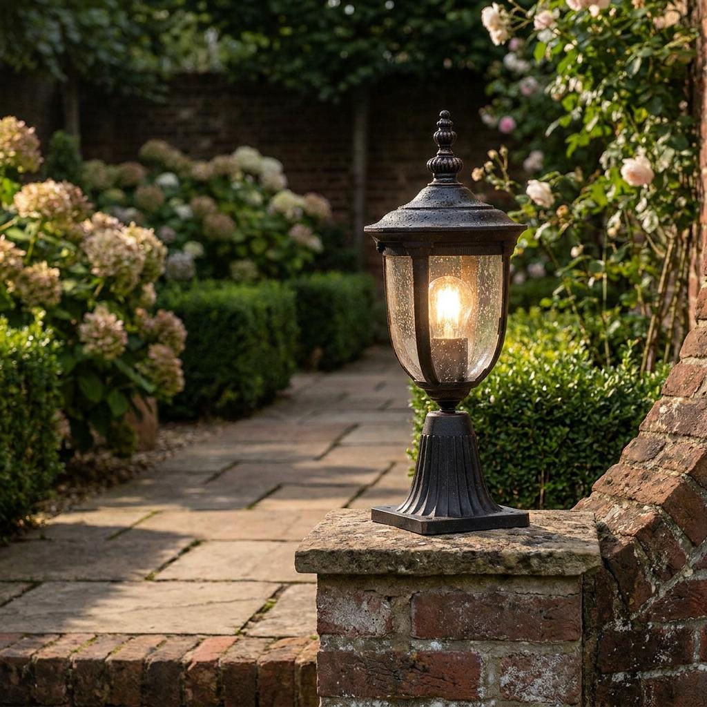 Traditional dark bronze pedestal lantern with seeded glass glowing on a brick wall in a lush garden setting.