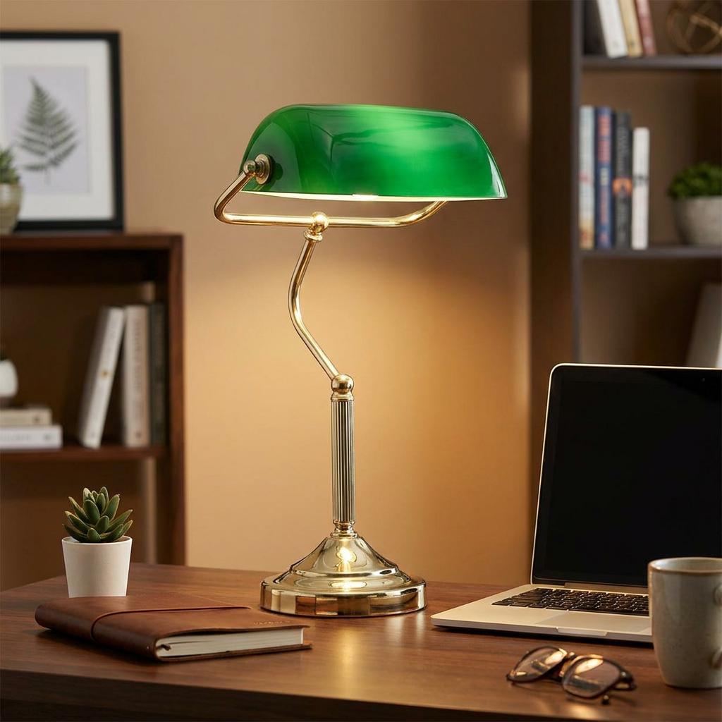 Traditional polished brass bankers lamp with a green glass shade on a wooden desk in a warm home office setting.