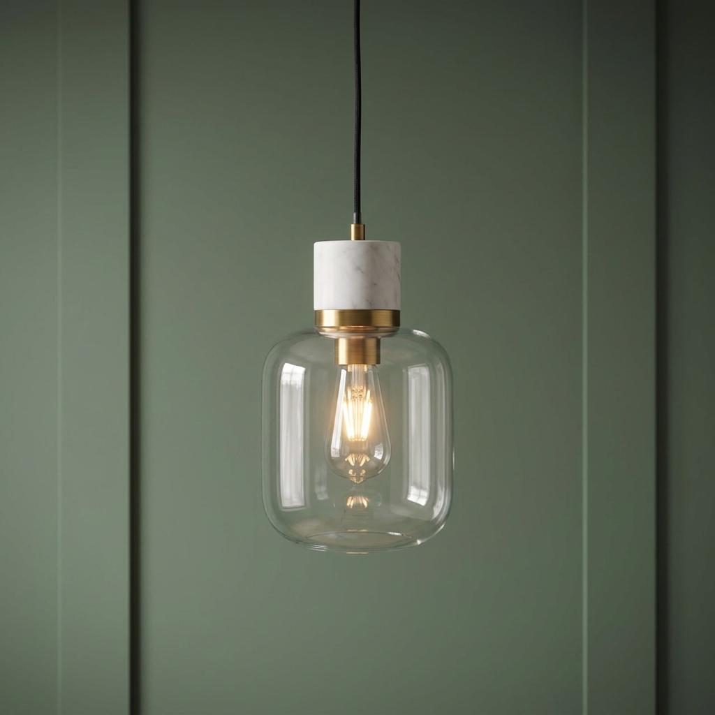 Marble and brass pendant light with a rounded glass shade illuminated against a dark green wood wall.