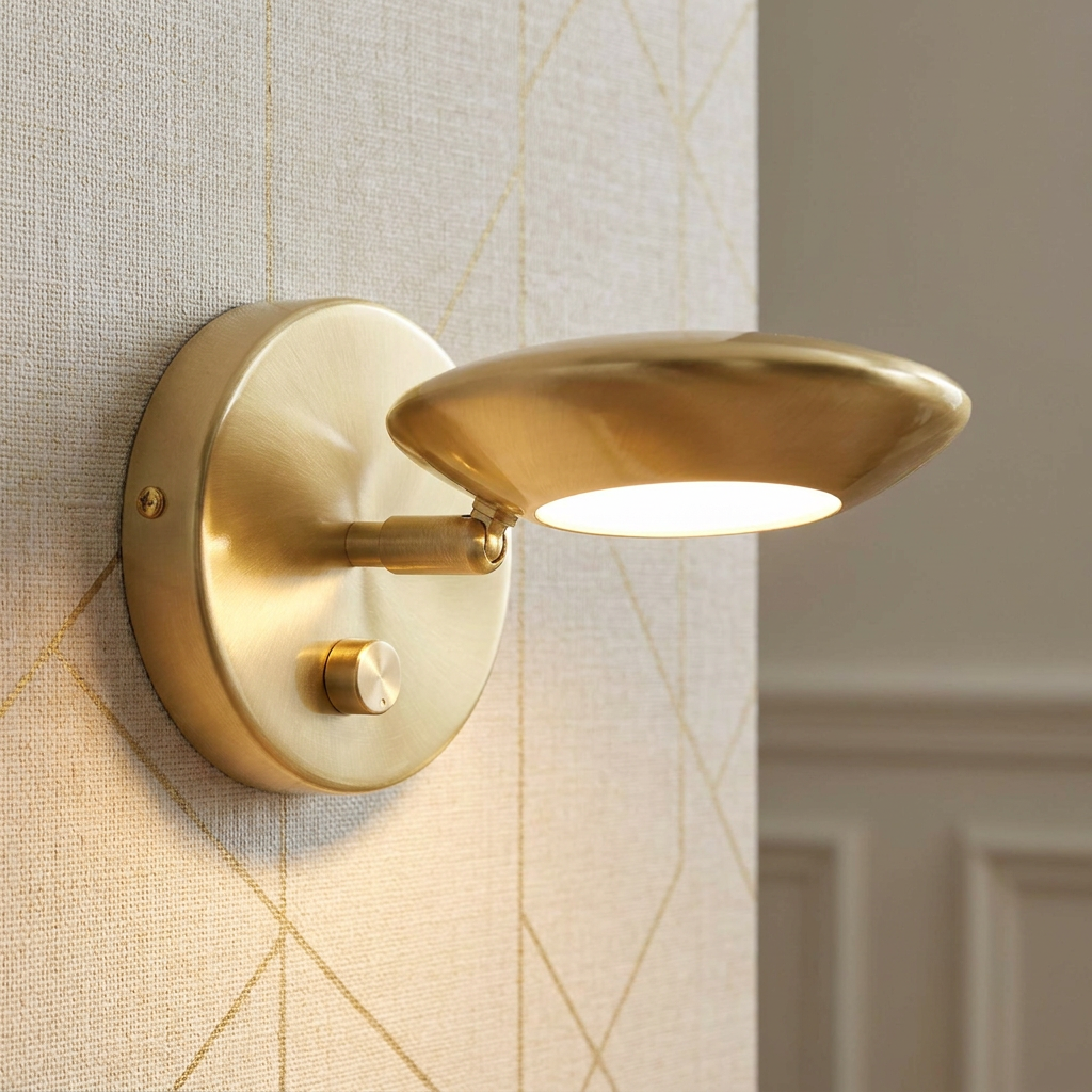 Satin brass adjustable wall light with integrated dimmer switch mounted on a geometric patterned wall.