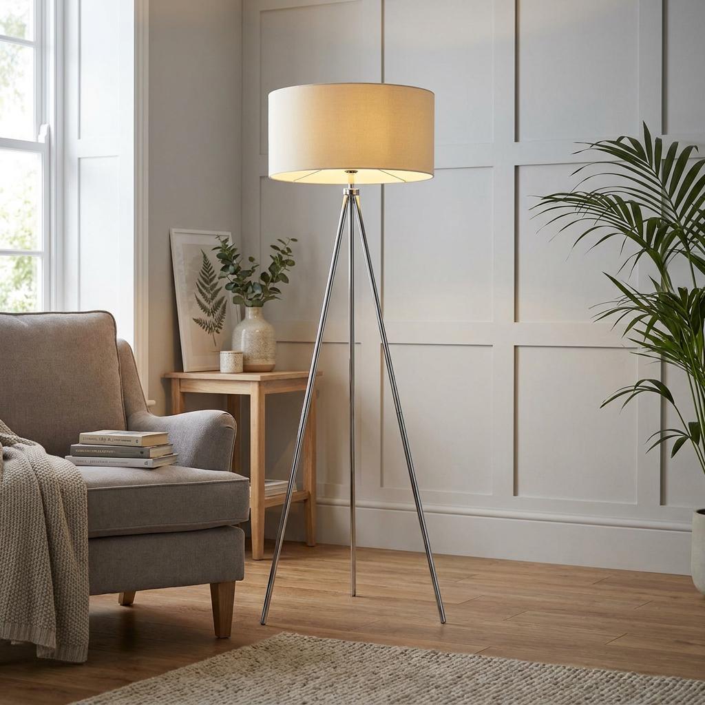Tri chrome tripod floor lamp with a cream drum shade standing in a modern living room next to an armchair.