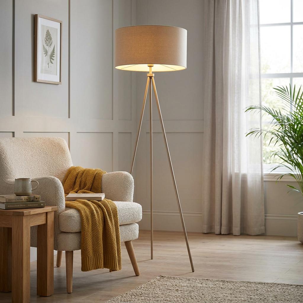 A nickel tripod floor lamp with a beige drum shade standing in a modern living room next to a white armchair.