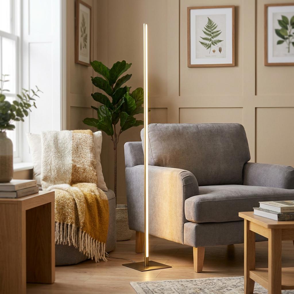 Sleek Tribeca silver LED floor lamp glowing beside a grey armchair in a warm, modern living room setting.