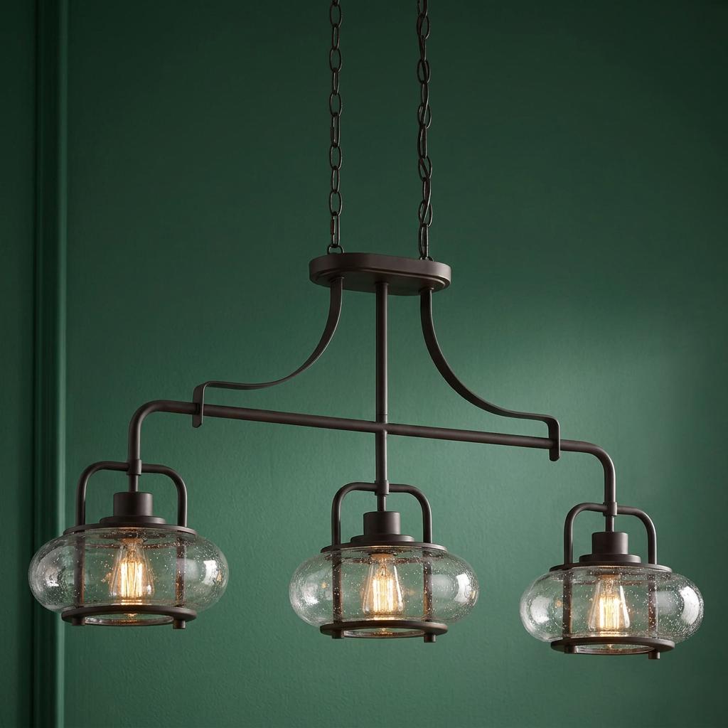 Three-light bronze island pendant featuring seeded glass globes and vintage bulbs against a dark green wall.